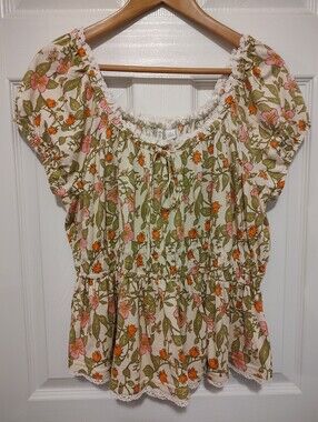 Cato Cream Floral Peasant Top with Pink & Orange Blooms
